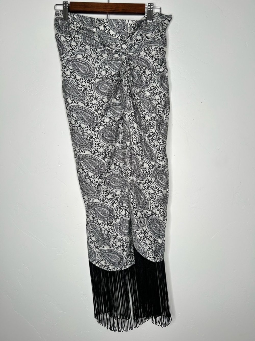 NWT VIX Paula Hermanny‎ Pyra Karen Black Paisley Fringe Midi Skirt Medium Resort